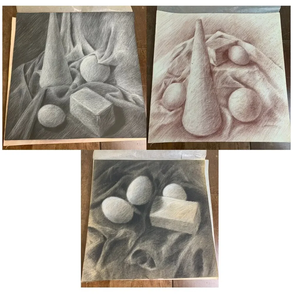 Set of 3 VINTAGE 60s‎ 70s Original Artist Signed Charcoal still life art 20 x 20
